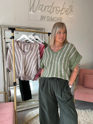 Gold Button Stipe Jumper - Green/Beige
