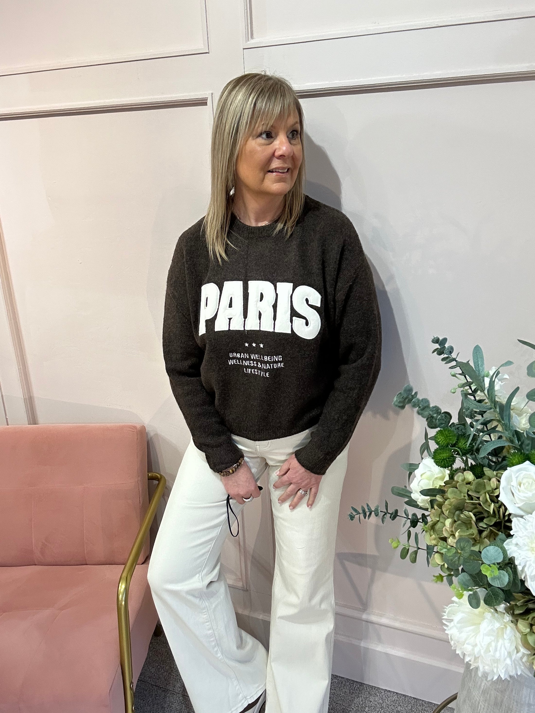 Embossed Paris Jumper - Brown