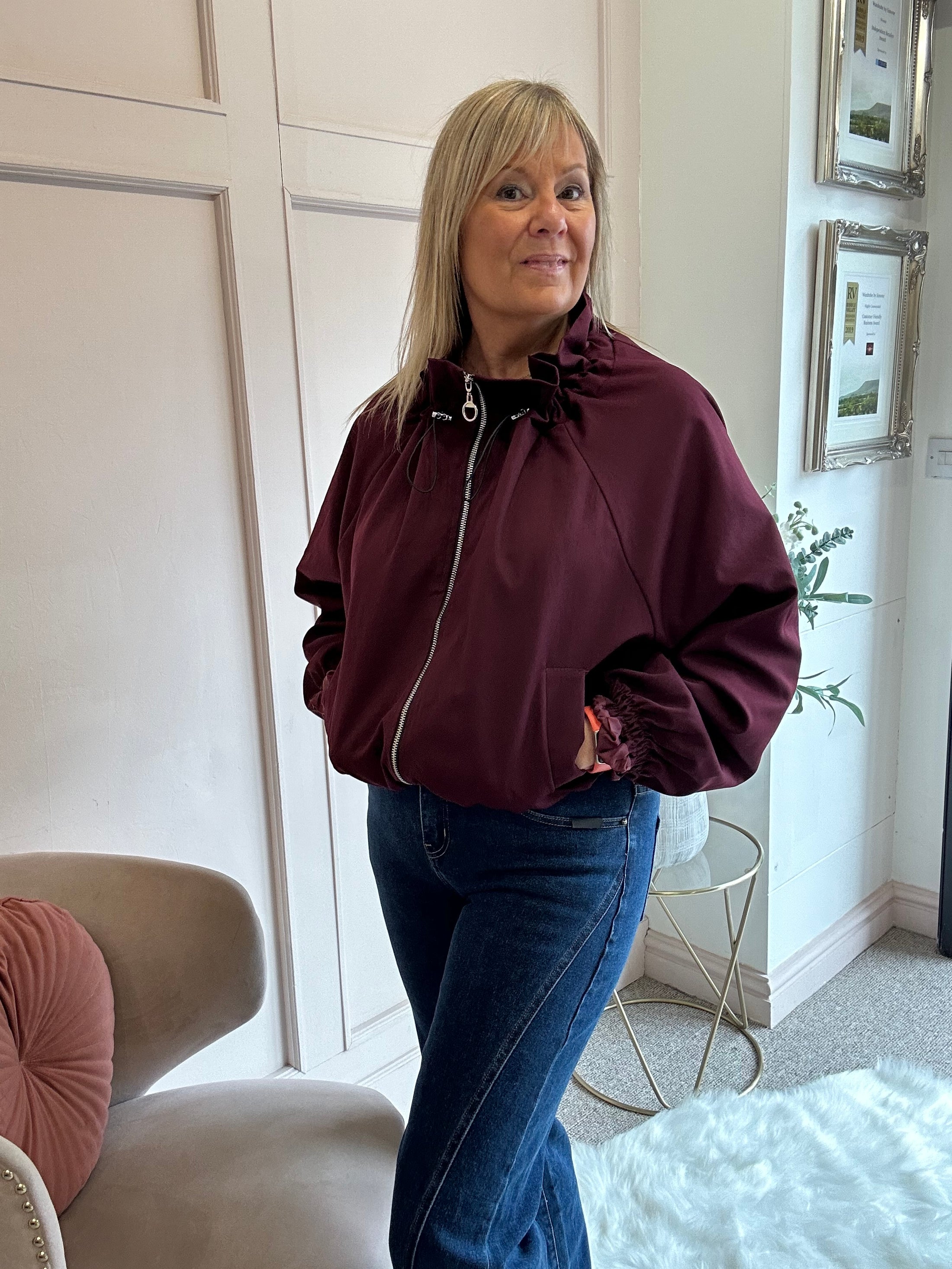 Ruffle Collar Zip Jacket - Burgundy