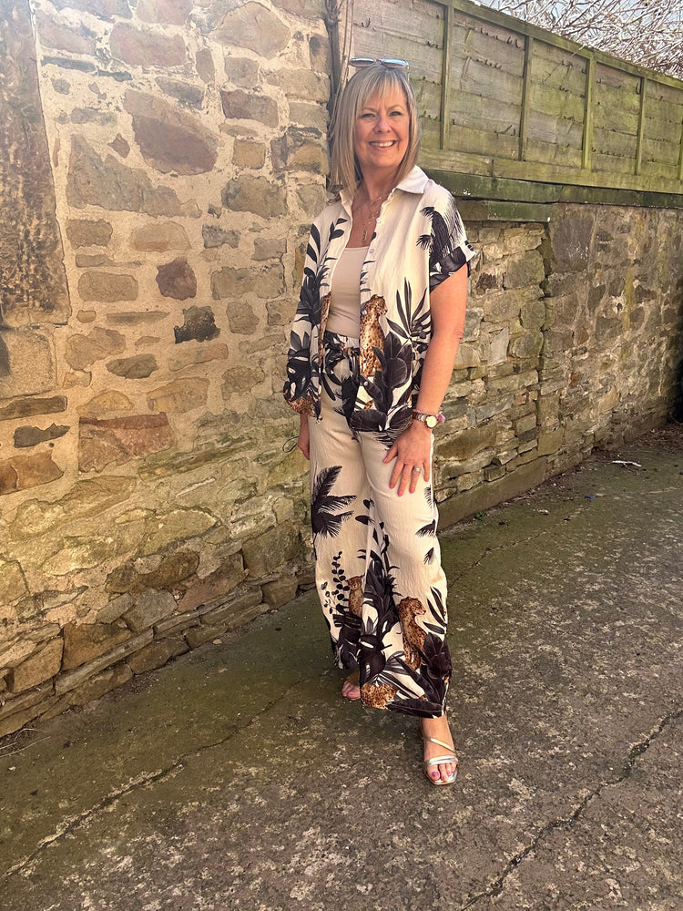 Cheetah & Palm Print Wide Pant - Cream/Black