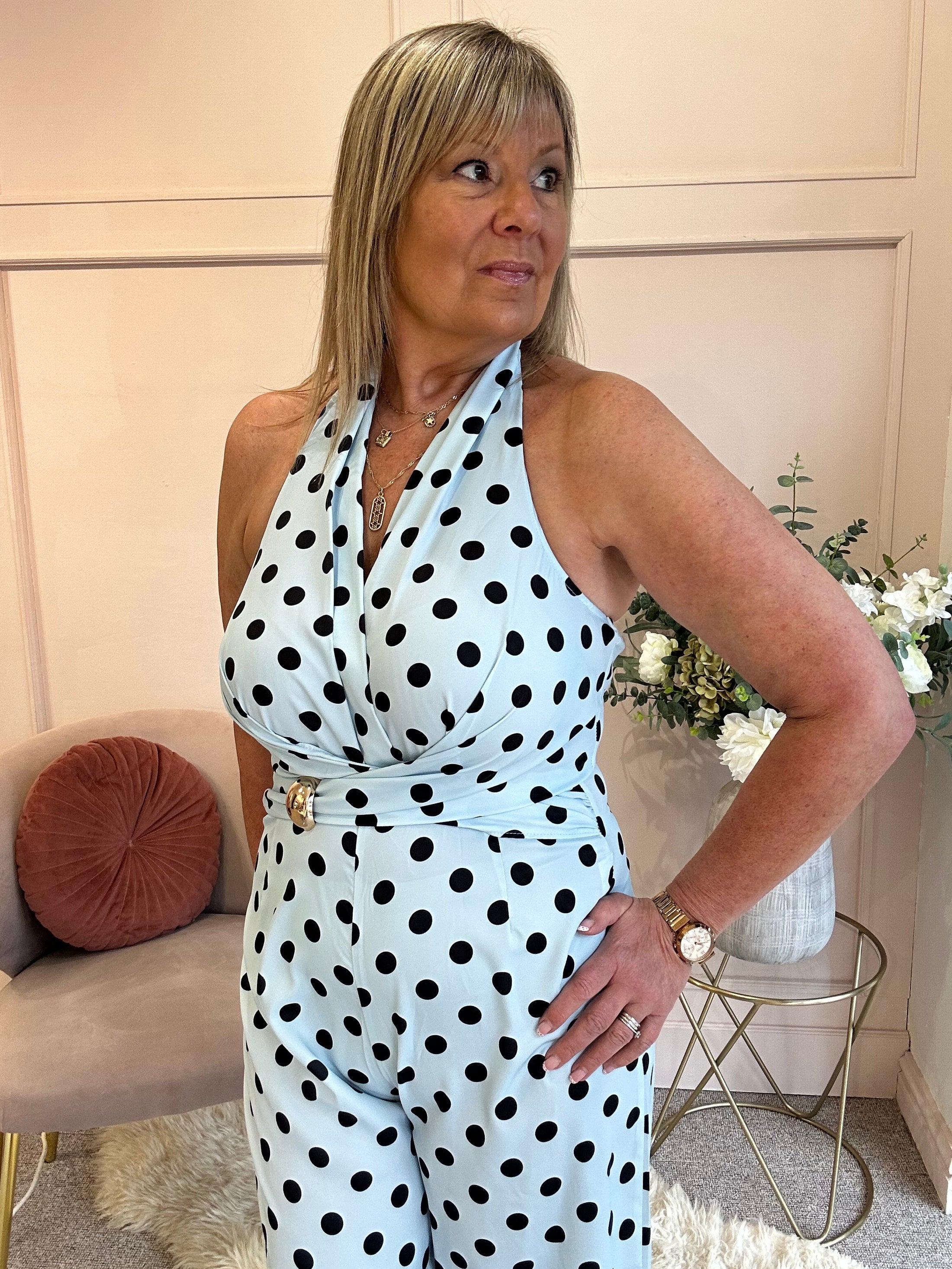 Halter Neck Polka Dot Jumpsuit - Soft Blue/Black - Wardrobe By Simone