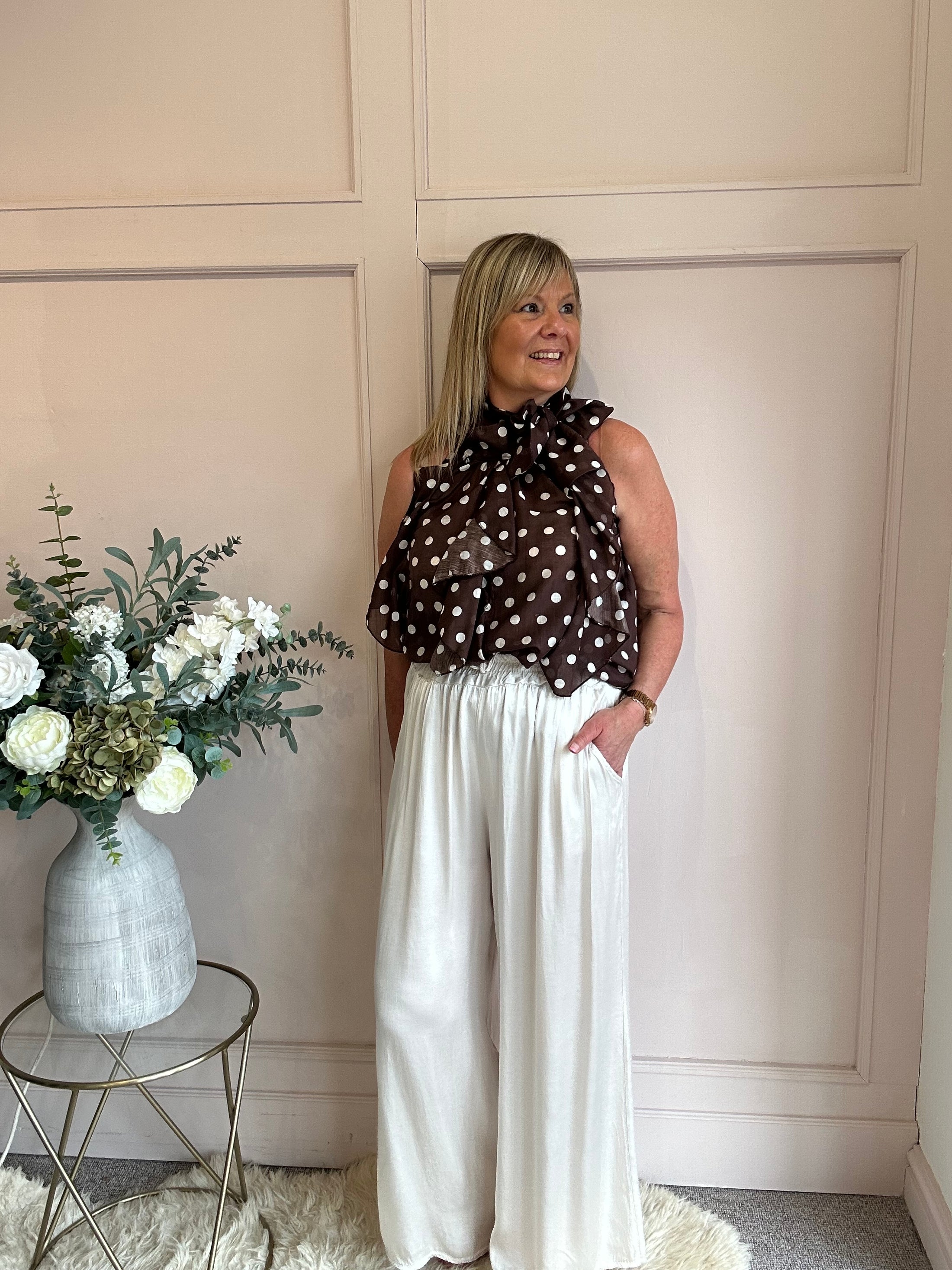 Spotty & Ruffle Top - Brown/White - Wardrobe By Simone