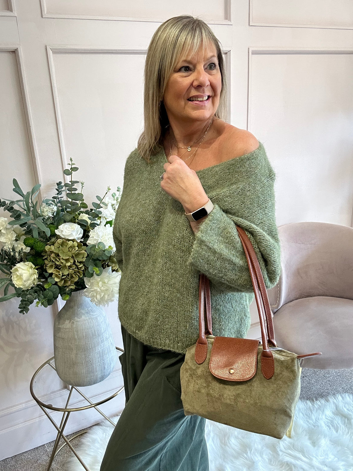 V Neck Knit Jumper - Sage Green