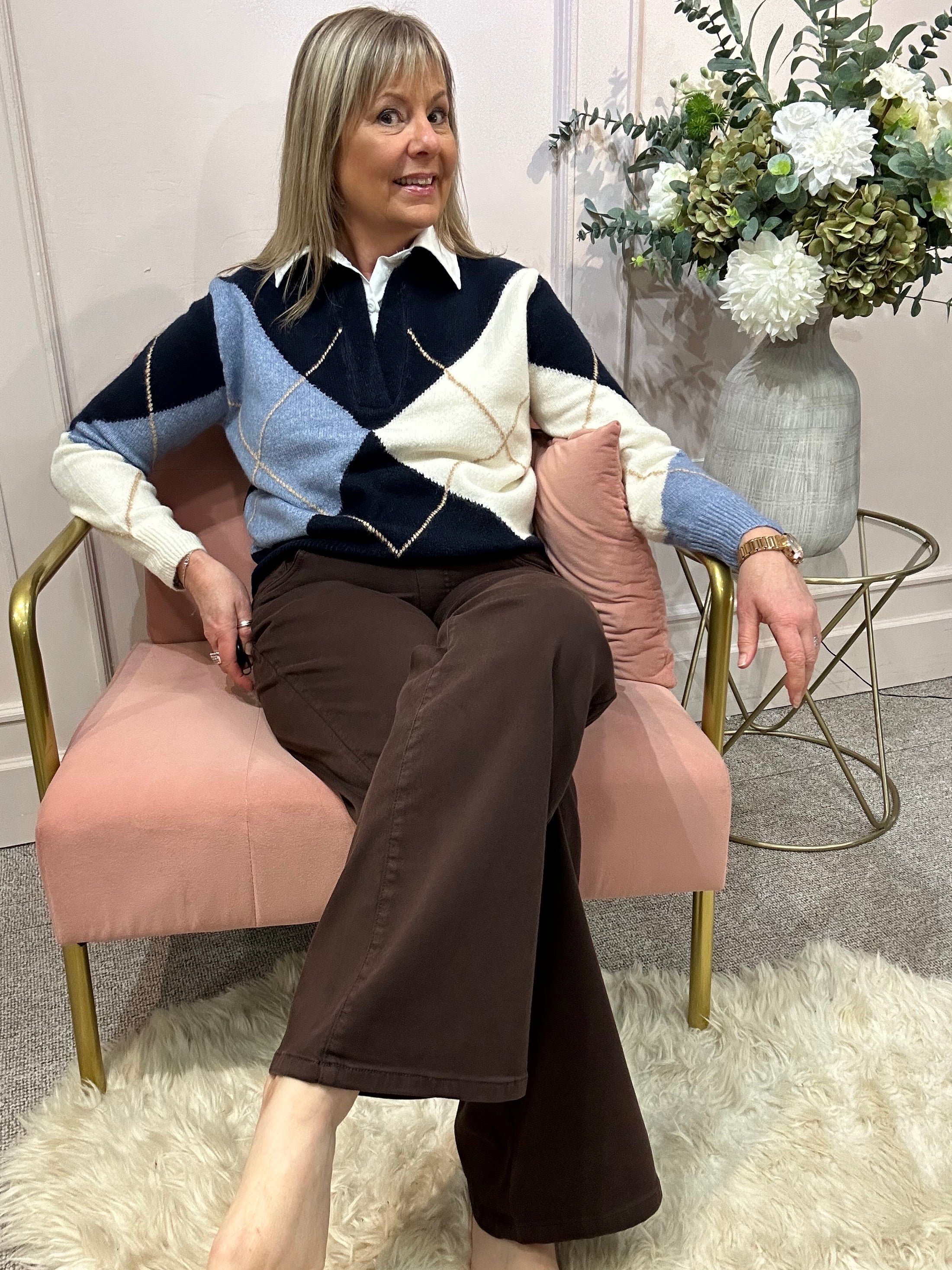 White Shirt Diamond Jumper - Cream/Blues