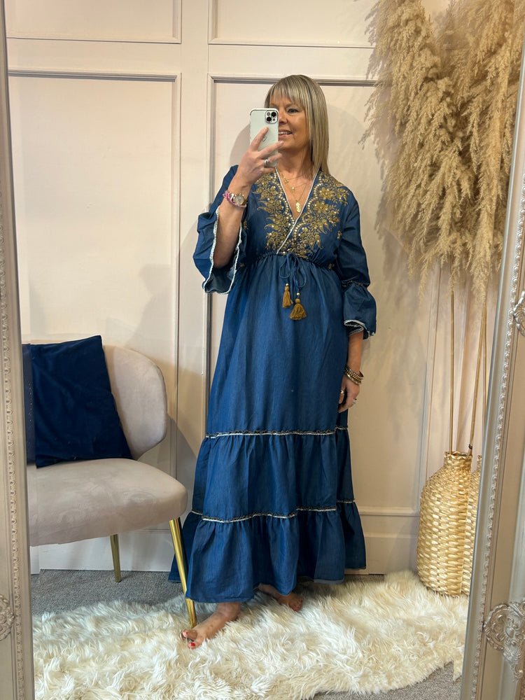 Boho Embroidered Maxi Dress - Dark Blue - Wardrobe By Simone