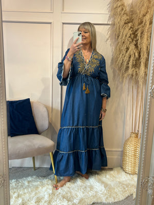 Boho Embroidered Maxi Dress - Dark Blue - Wardrobe By Simone