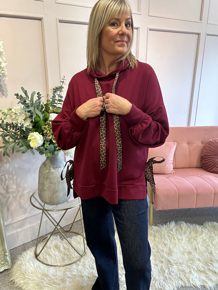 Cosy Leopard Tie Hoody  - Burgundy
