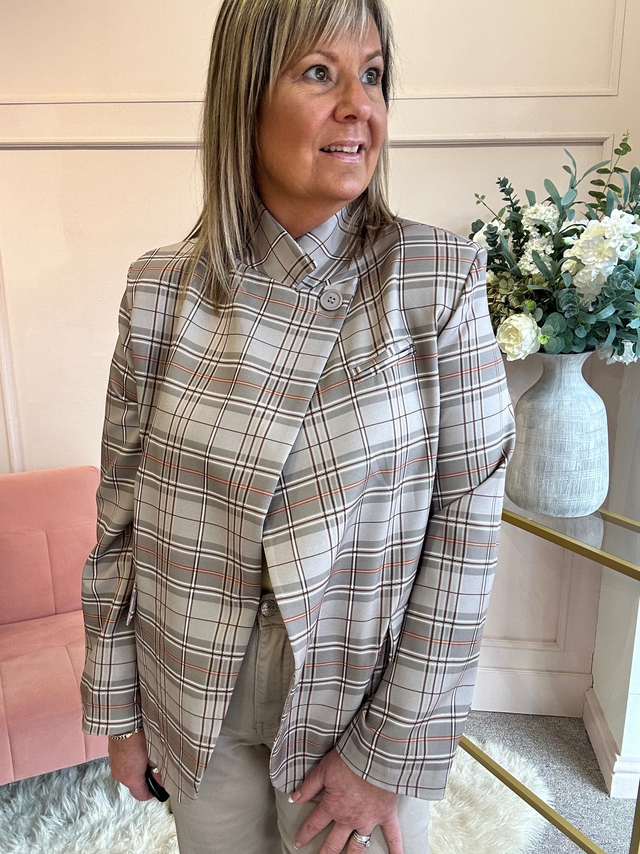 Checked Crossed Over Jacket - Beige/Orange - Wardrobe By Simone
