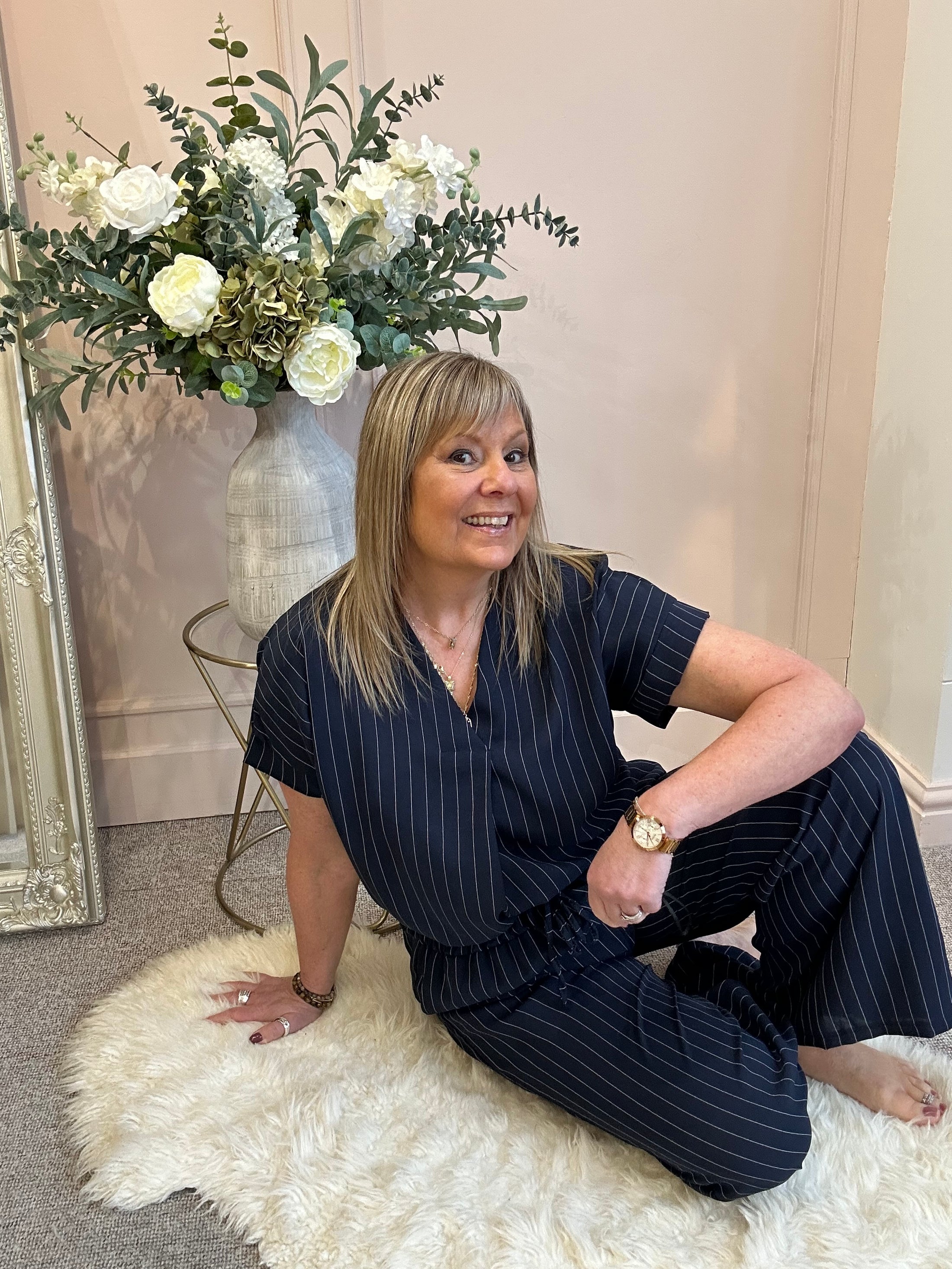 Pinstriped V Neck Top & Pant Set - Navy/White - Wardrobe By Simone