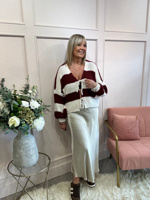 Chunky Striped Knitted Cardigan - Wine/Cream
