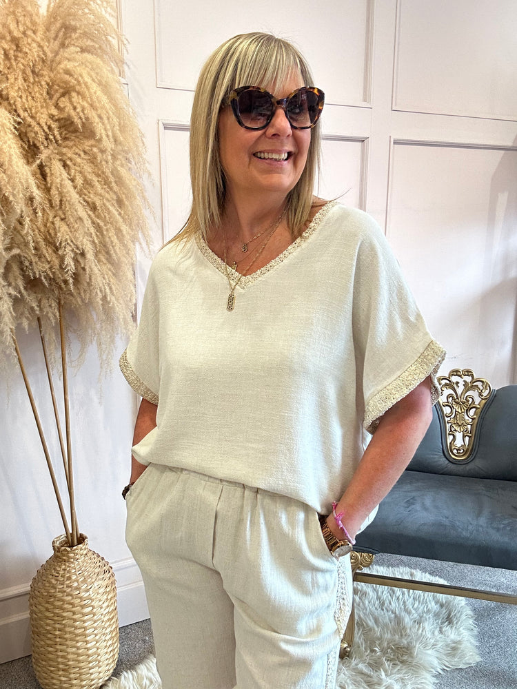 Gold Edged V Neckline T-Shirt - Creamy Beige