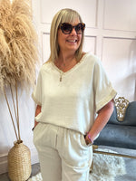 Gold Edged V Neckline T-Shirt - Creamy Beige