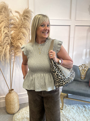 Ruched Bodice Peplum Top - Taupe - Wardrobe By Simone
