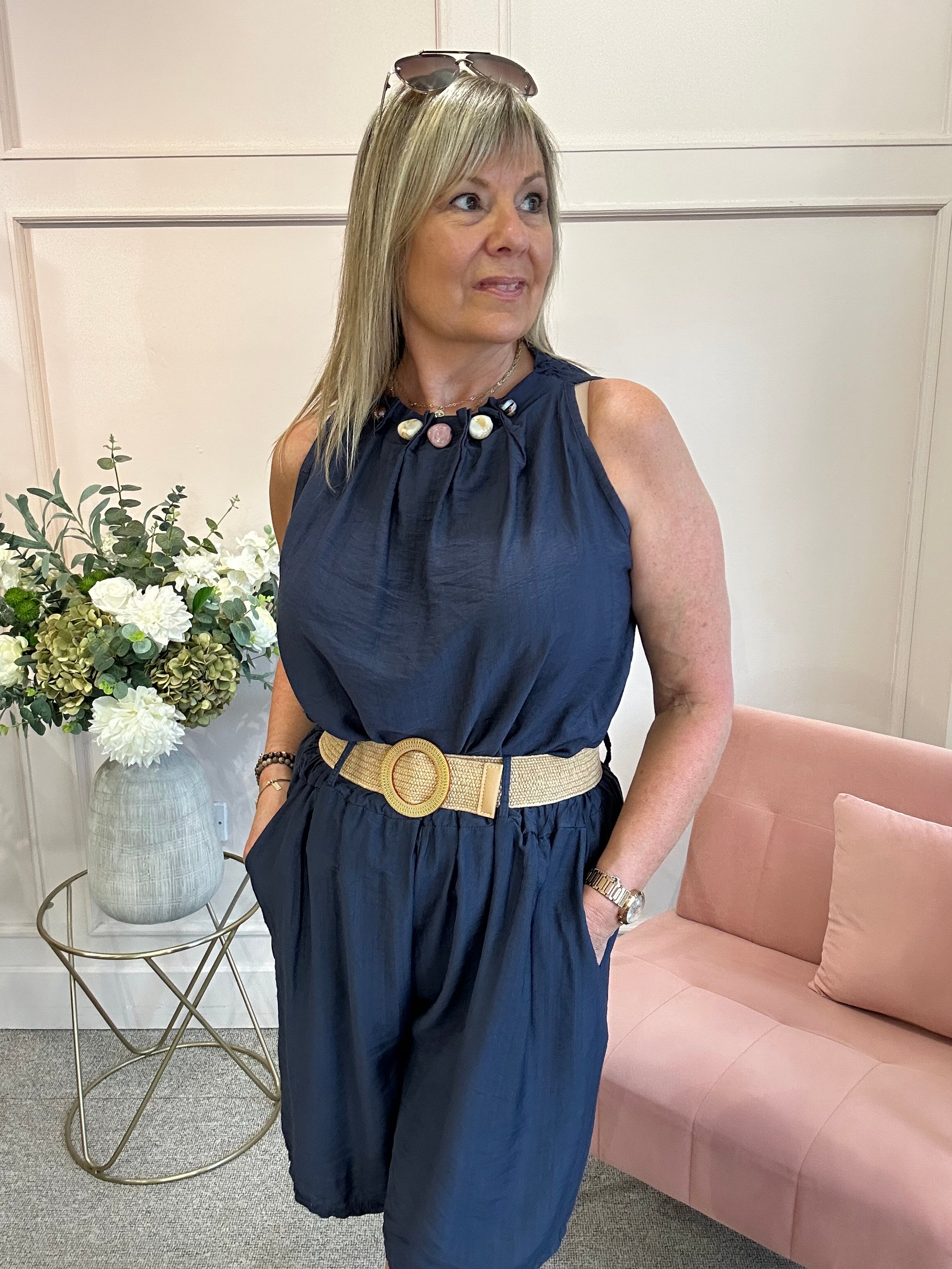 Ruched Neckline Sleeveless Top - Navy