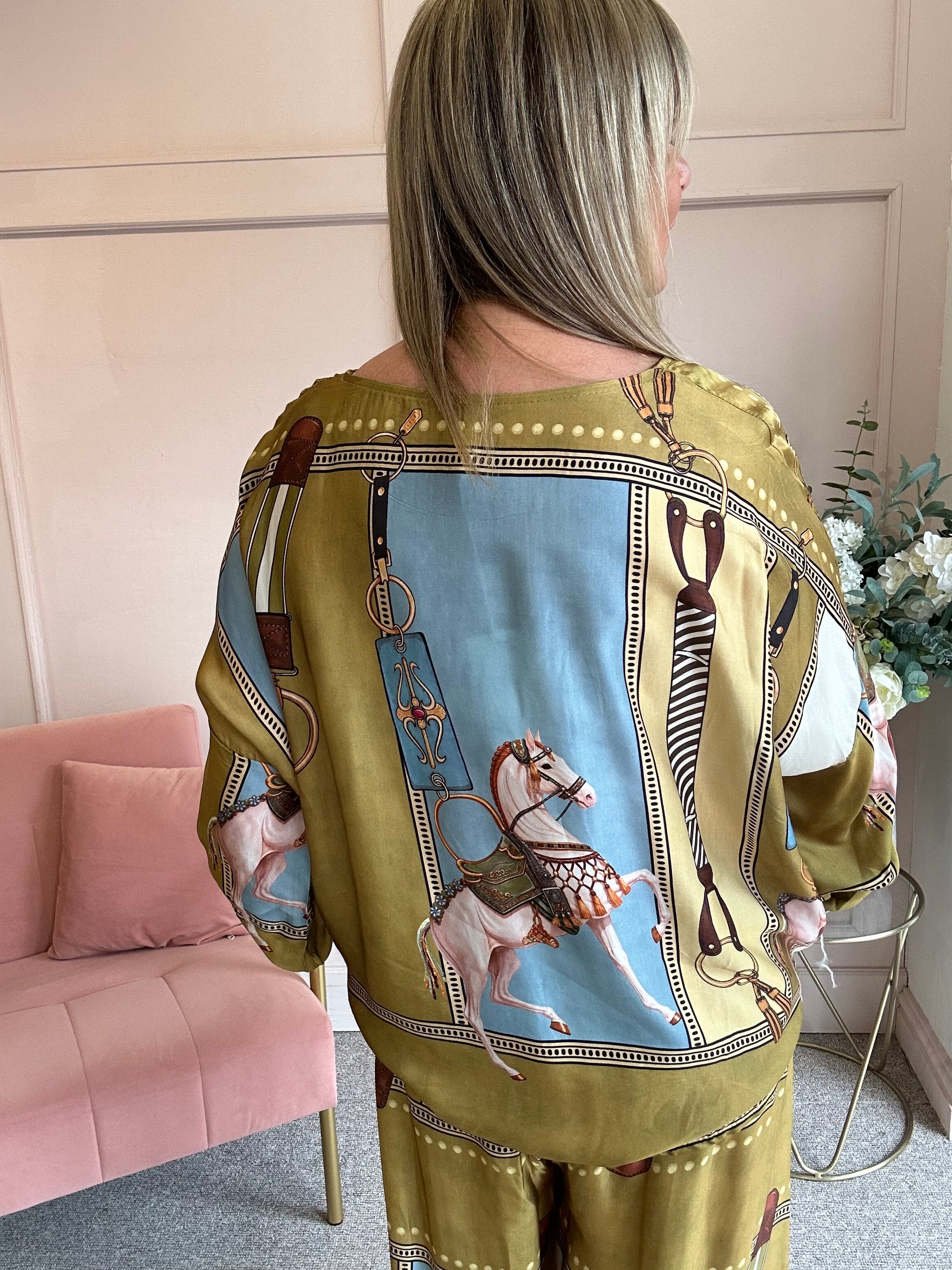 Horse & Bridle Silk Top - Mustard/Blue - Wardrobe By Simone