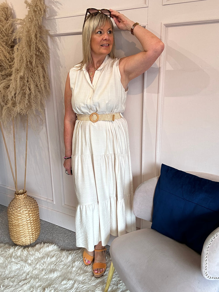 Mandarin Collar Sleeveless Midi Dress - Cream