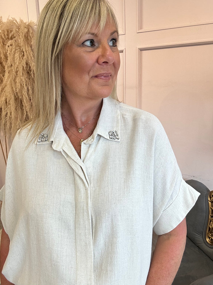 Linen mix embellished collar shirt - Cream