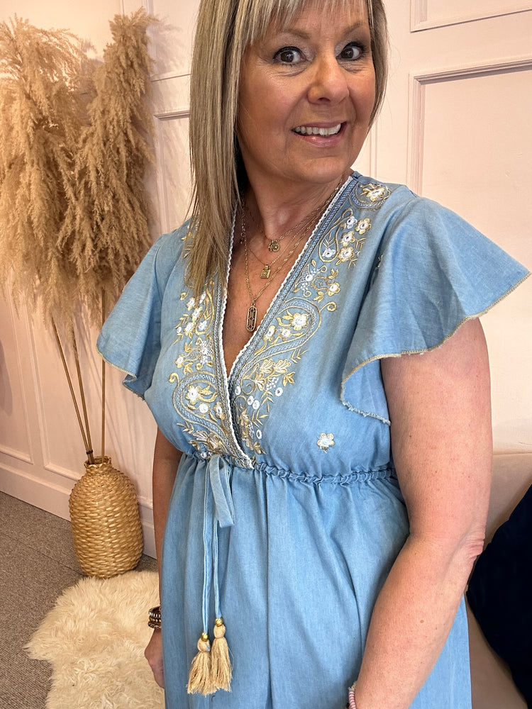 Boho Cap Sleeved Embroidered Dress - Mid Blue - Wardrobe By Simone