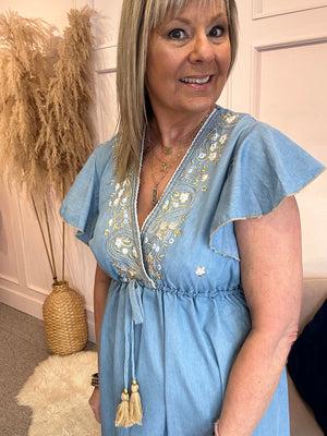 Boho Cap Sleeved Embroidered Dress - Mid Blue - Wardrobe By Simone