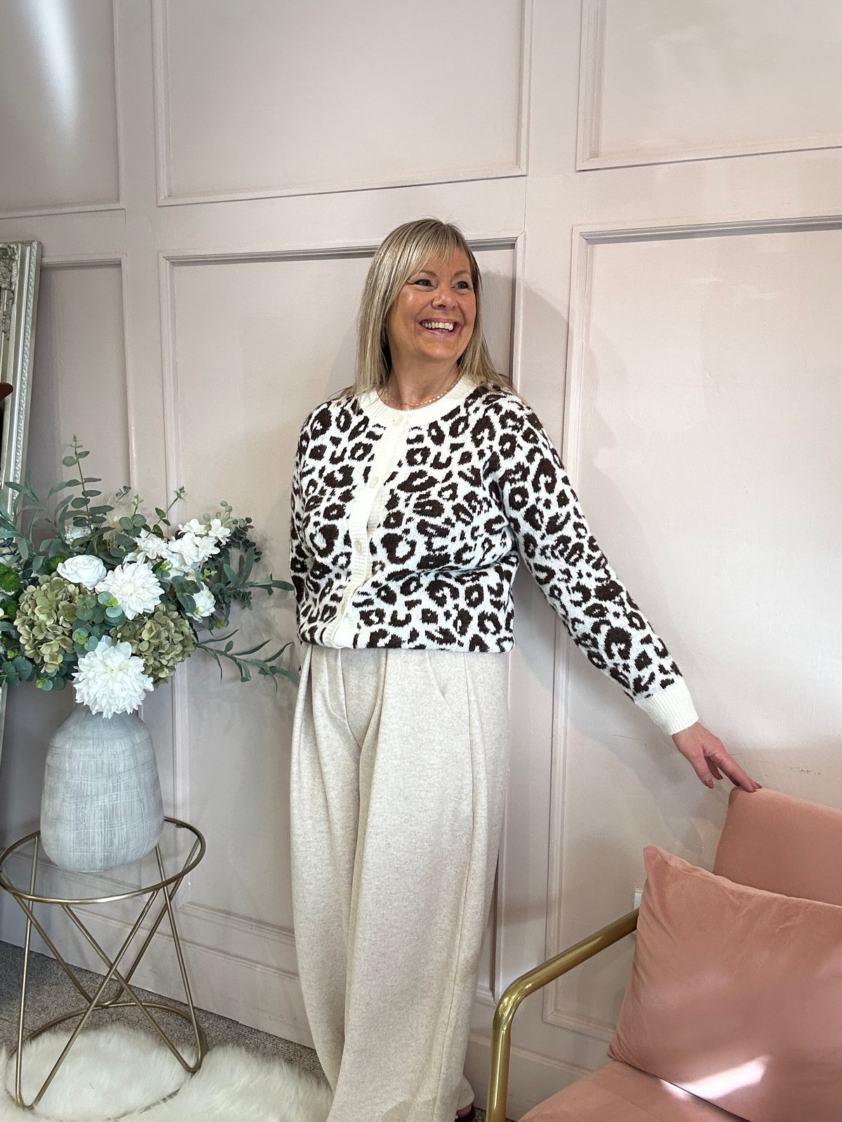 Leopard Button Cardigan- Cream/Brown