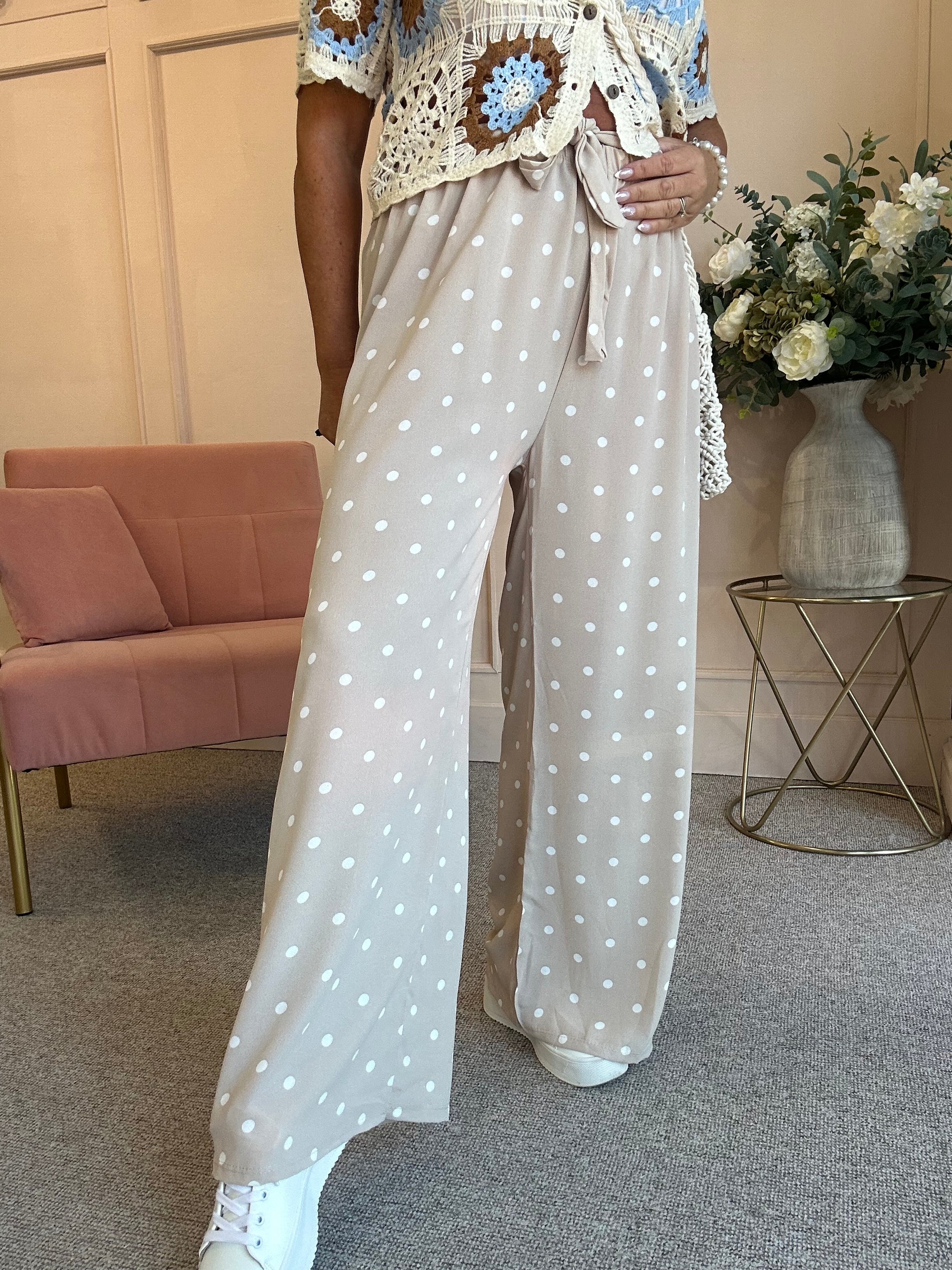 Polka Dot Tie Belt Pant - Beige/White - Wardrobe By Simone