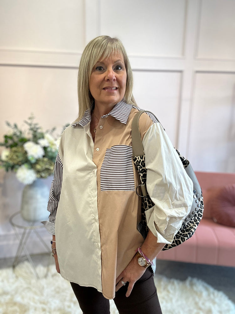 Striped & Panelled Oversized Shirt - Brown/White - Wardrobe By Simone