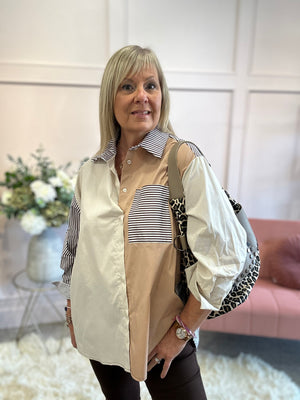 Striped & Panelled Oversized Shirt - Brown/White - Wardrobe By Simone