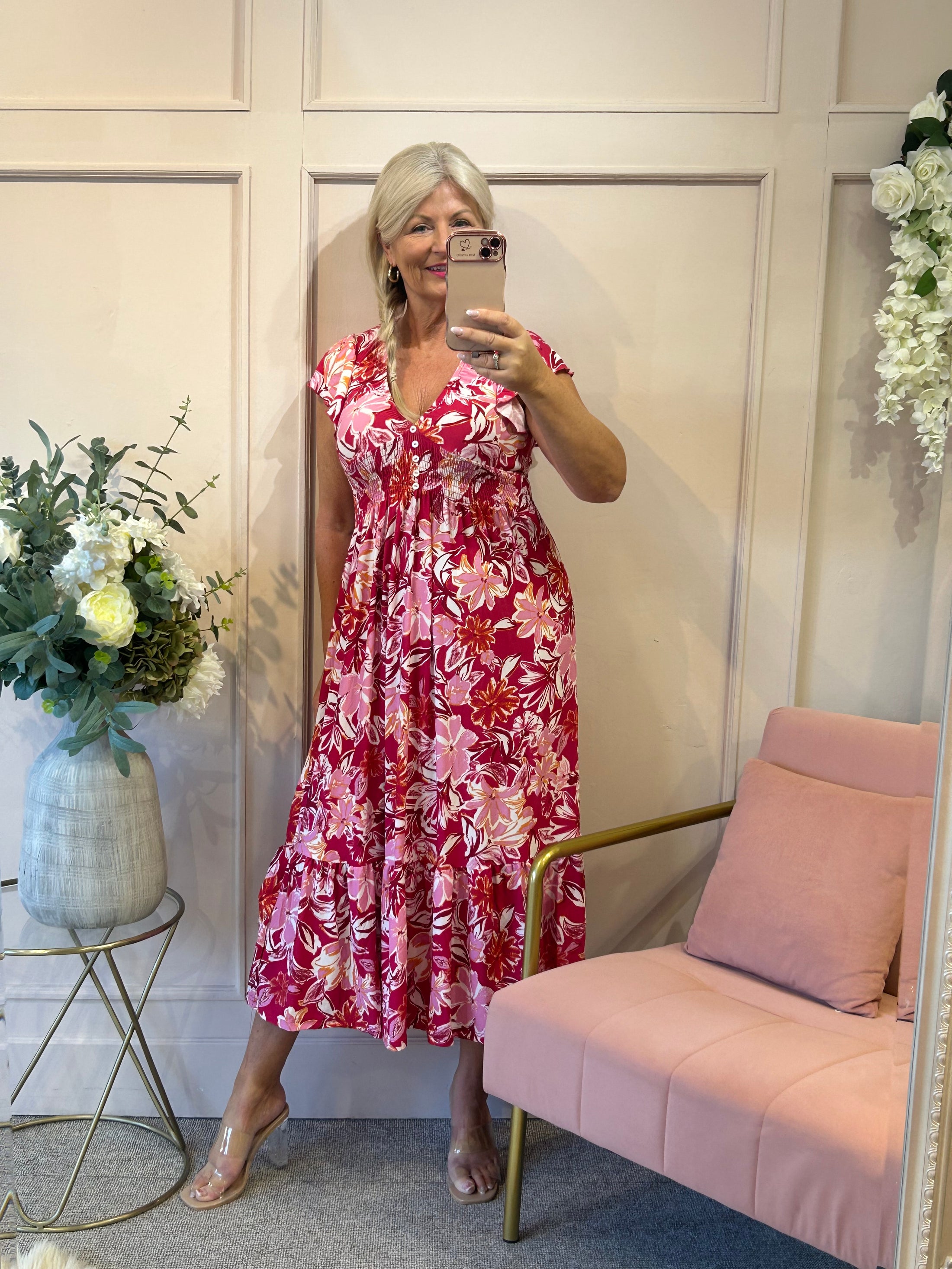 Frill Cap Sleeve Midi Dress  - Pinks/White - Wardrobe By Simone