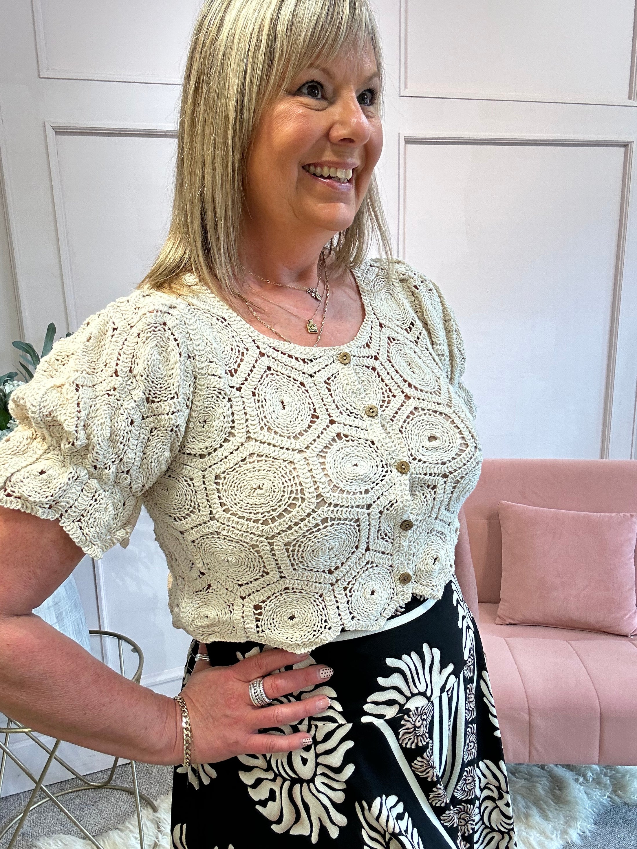 Little Puff Sleeve Crochet Cardi - Beige - Wardrobe By Simone