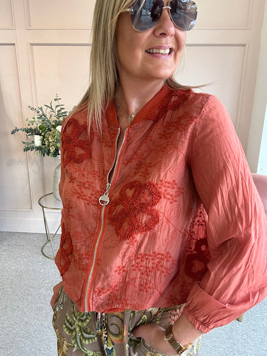Embossed Floral Zip Jacket - Rust