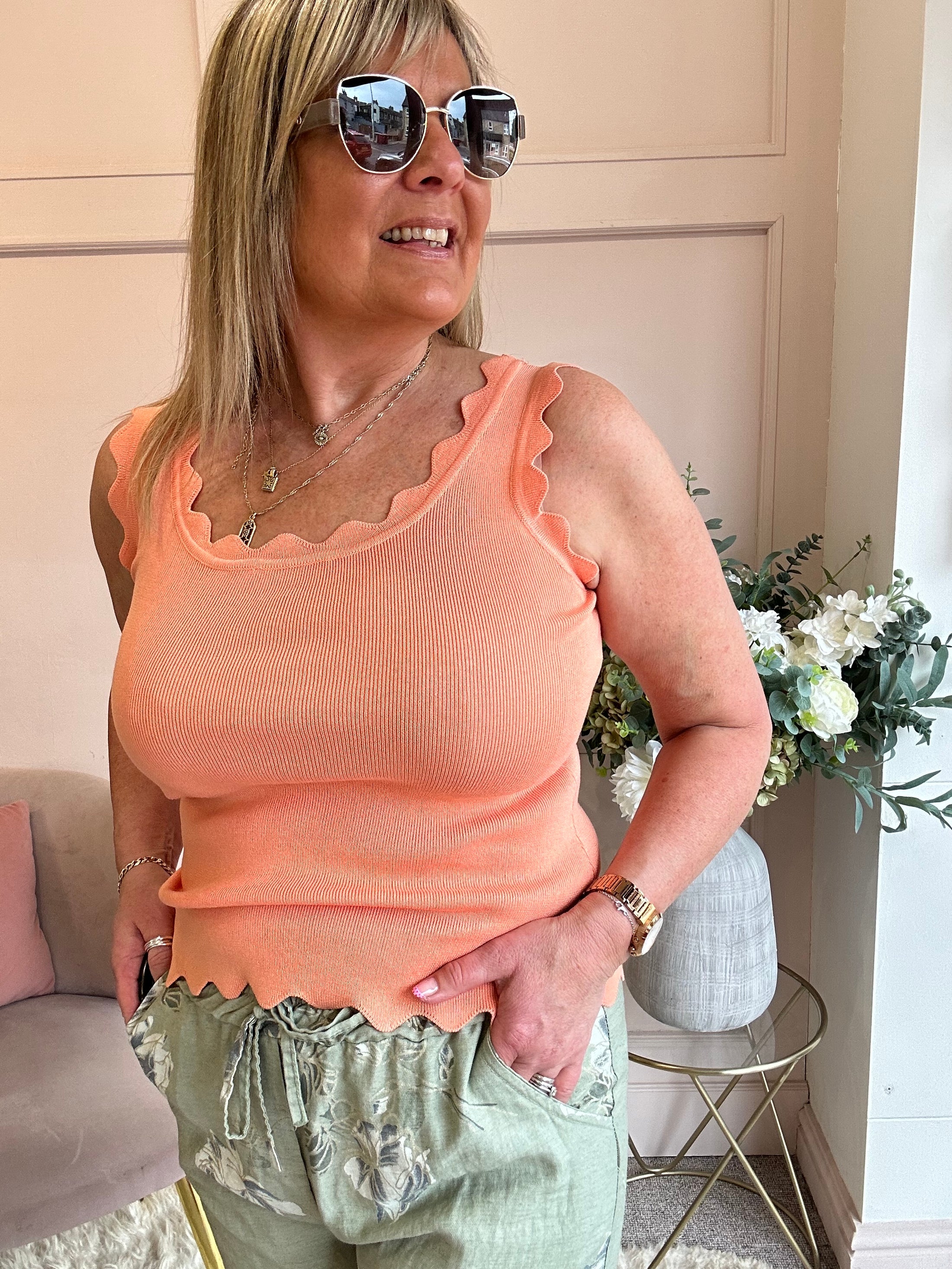 Scalloped Edged Vest Top - Coral - Wardrobe By Simone