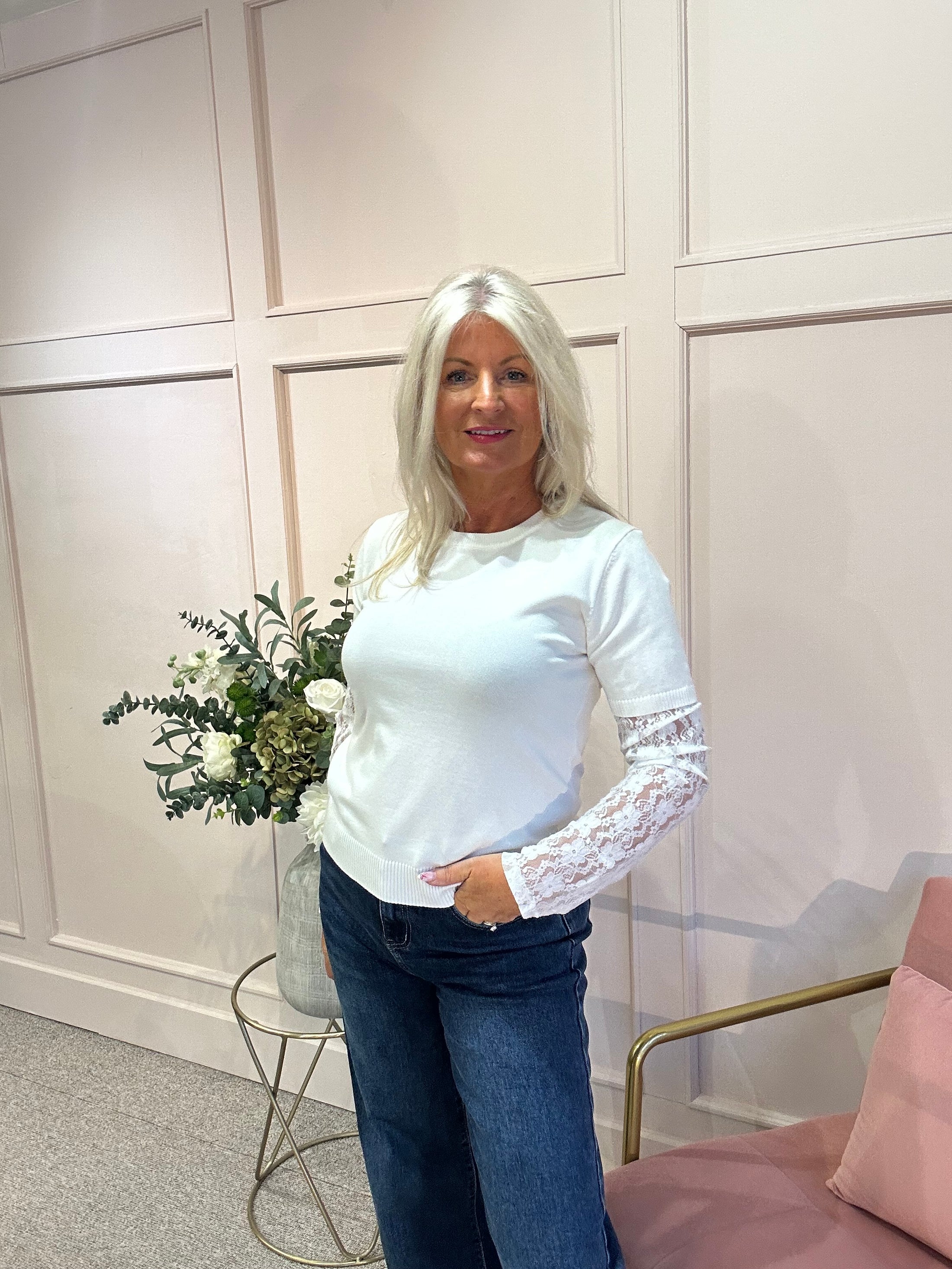 Fine Knit Jumper Lace Sleeve - White