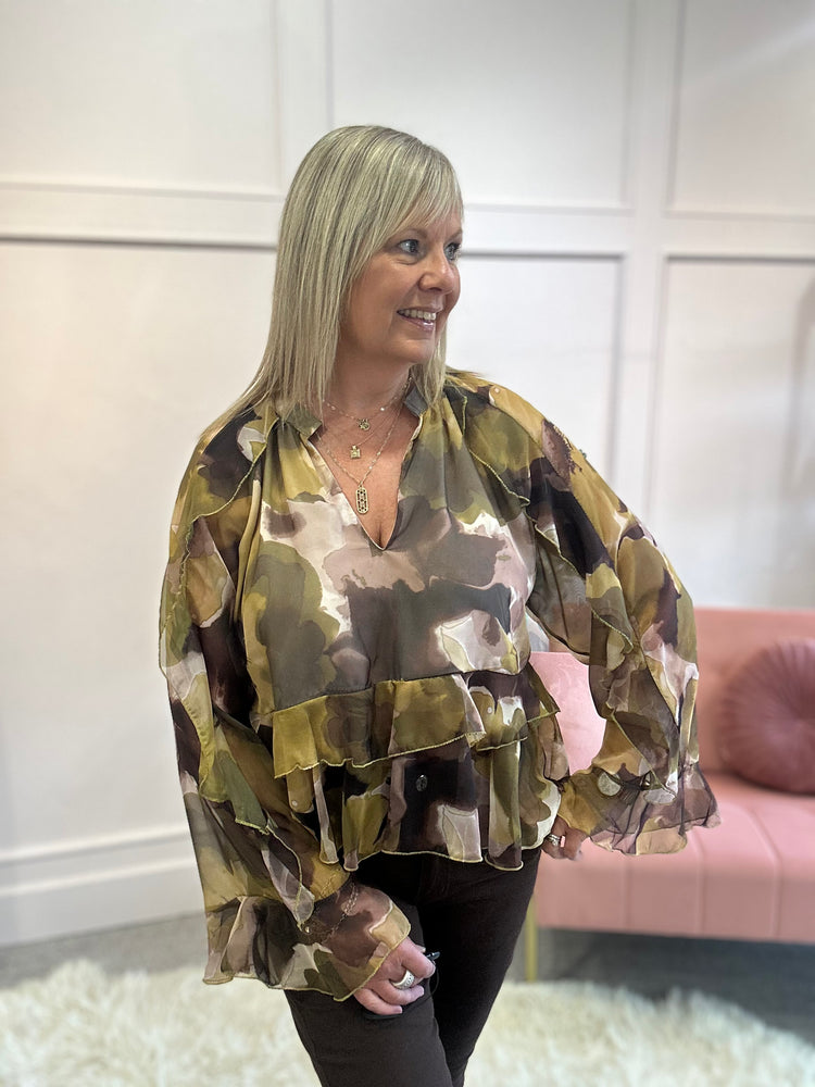 Floaty Frill Detail Top  - Brown/ Ochre - Wardrobe By Simone