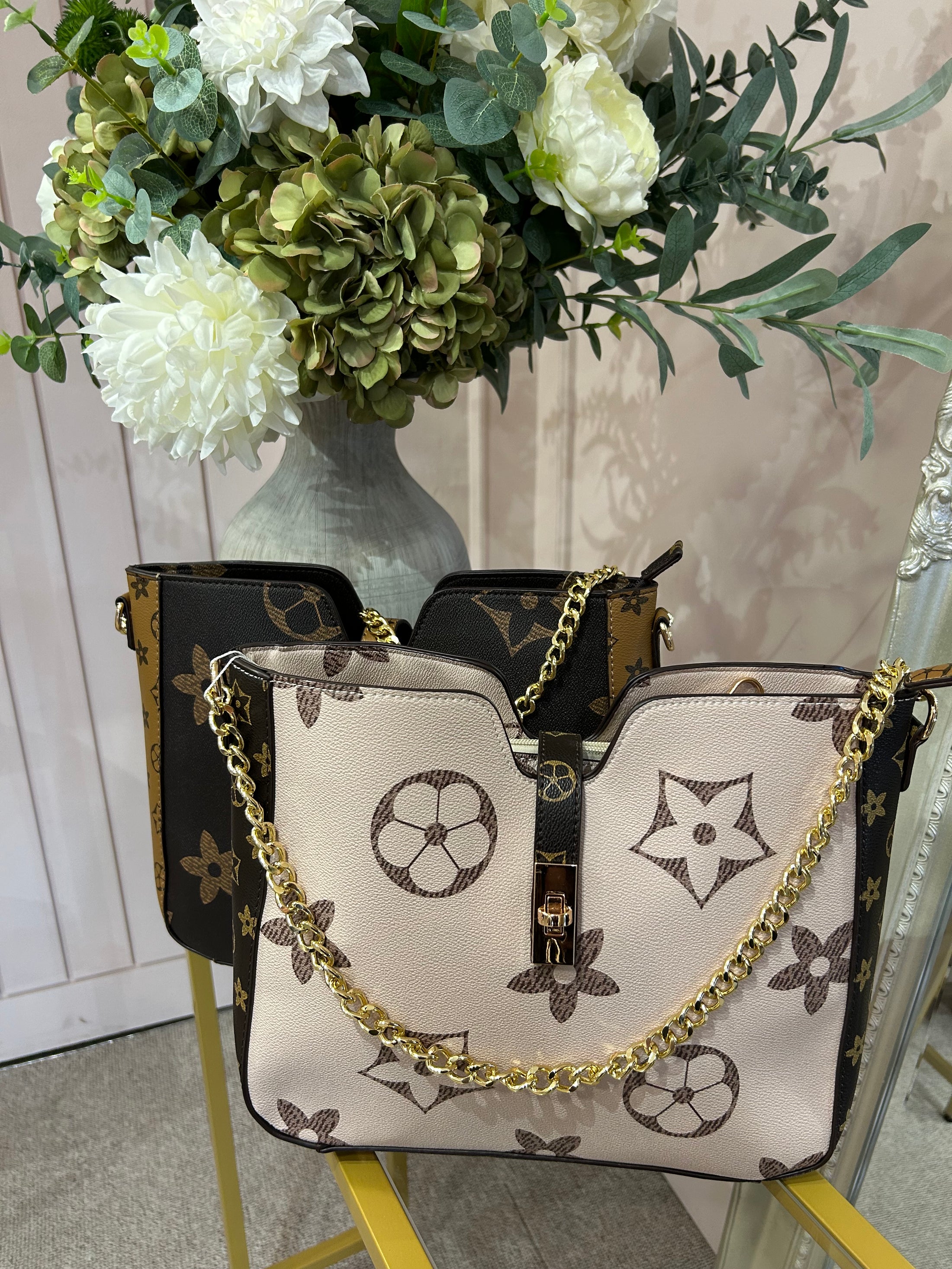 Structured Patterned Chain Bag - Cream/Brown - Wardrobe By Simone