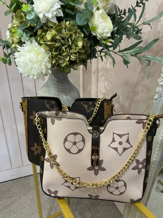 Structured Patterned Chain Bag - Cream/Brown - Wardrobe By Simone