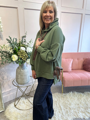 Cosy Leopard Tie Hoody  - Khaki