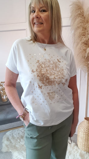 Balloon Blossom Design T Shirt - Brown/White