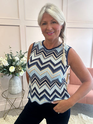 Chevron Round Neck Vest Top - Blue/Gold