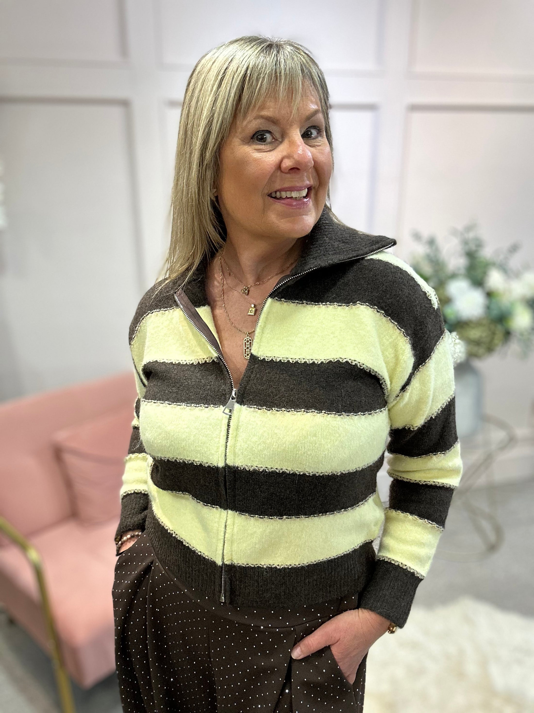 Zipped Stripped cardigan - Brown/Yellow