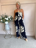Load image into Gallery viewer, Strapless Leafy Print Jumpsuit - Navy/Cream - Wardrobe By Simone
