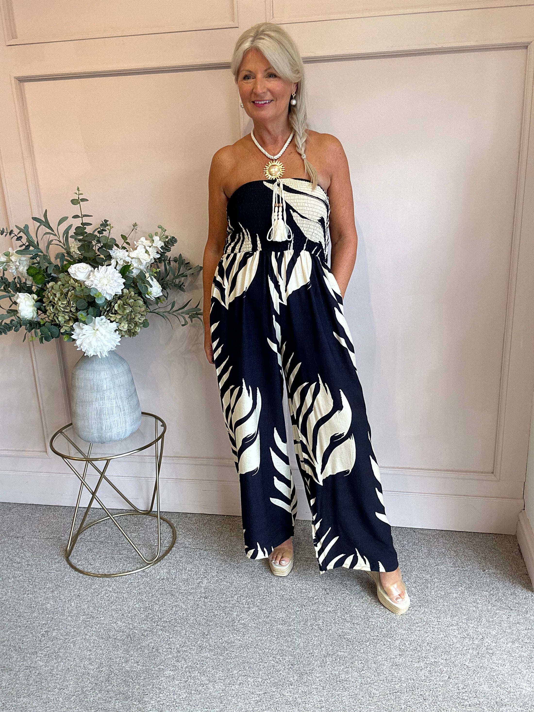Strapless Leafy Print Jumpsuit - Navy/Cream - Wardrobe By Simone
