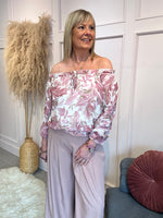 Ruffle Neck Flower Leaf Blouse - Dusky Pink/White