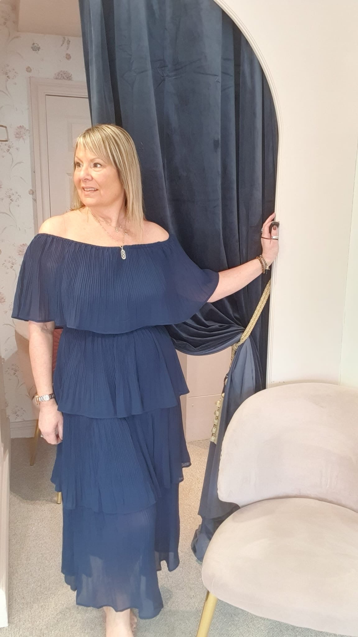 Off Shoulder Tiered Pleated Dress  - Navy - Wardrobe By Simone