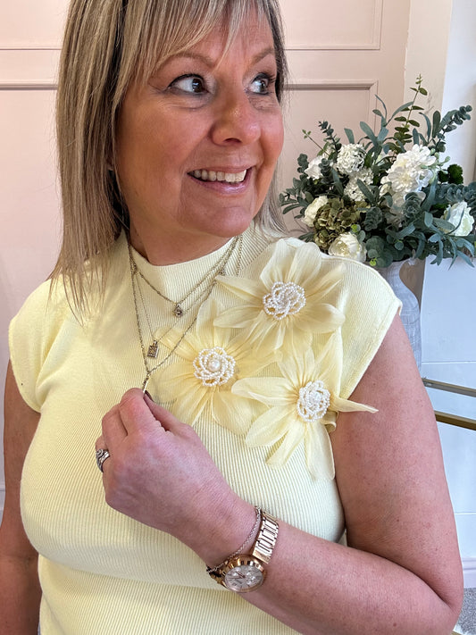 Flower Pearl Detailed Top  - Yellow - Wardrobe By Simone