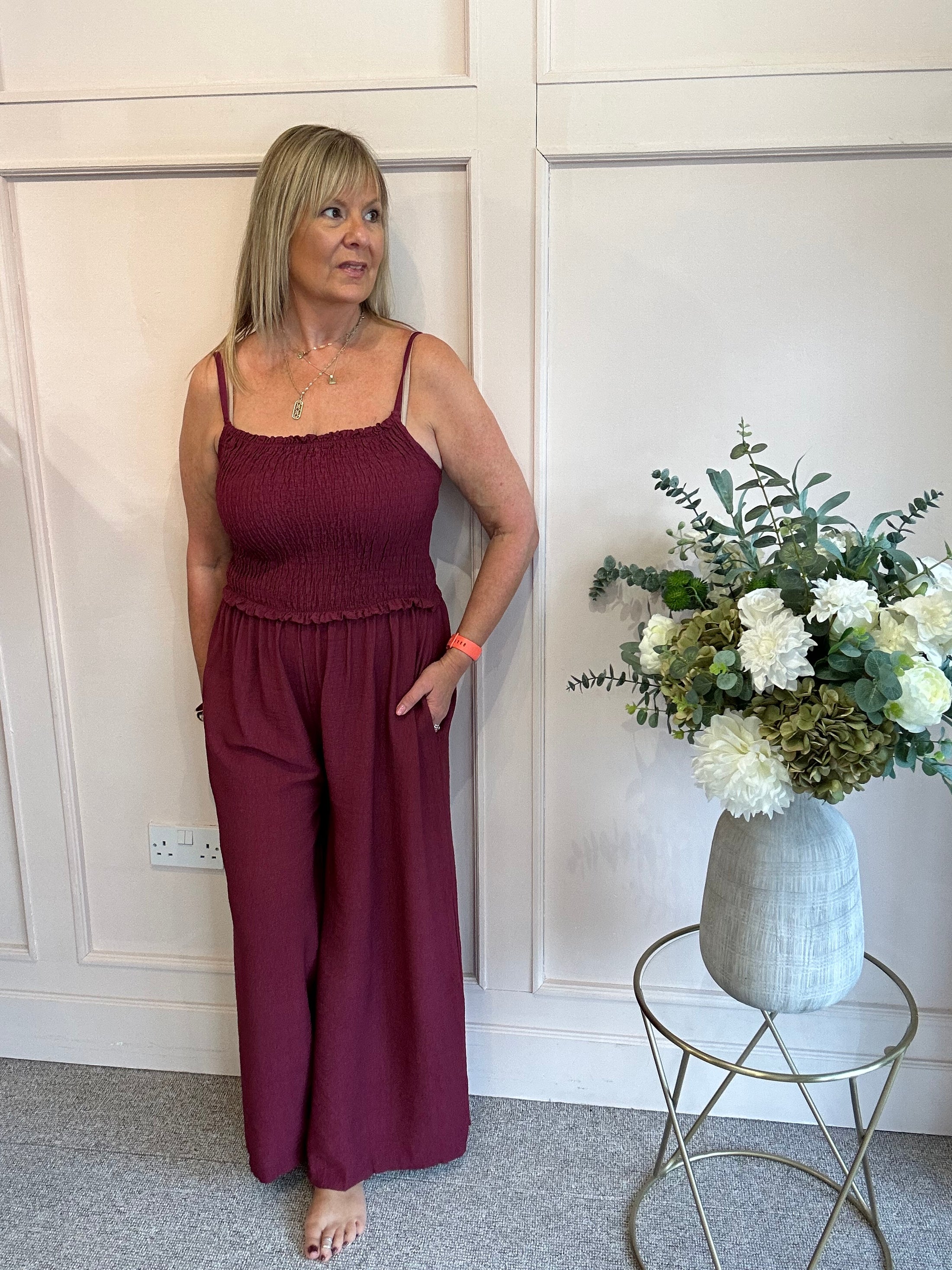 Elasticated Bodice & Wide Leg Jumpsuit - Burgundy
