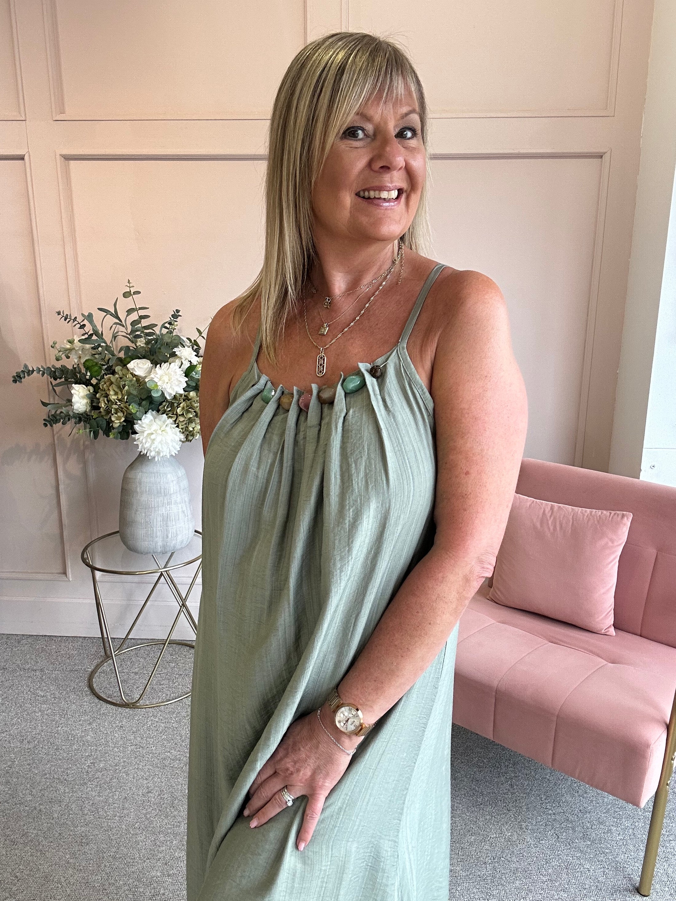 Beaded Strapy Sundress Dress - Sage Green