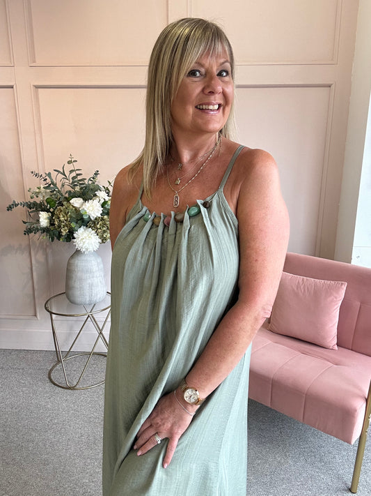 Beaded Strapy Sundress Dress - Sage Green