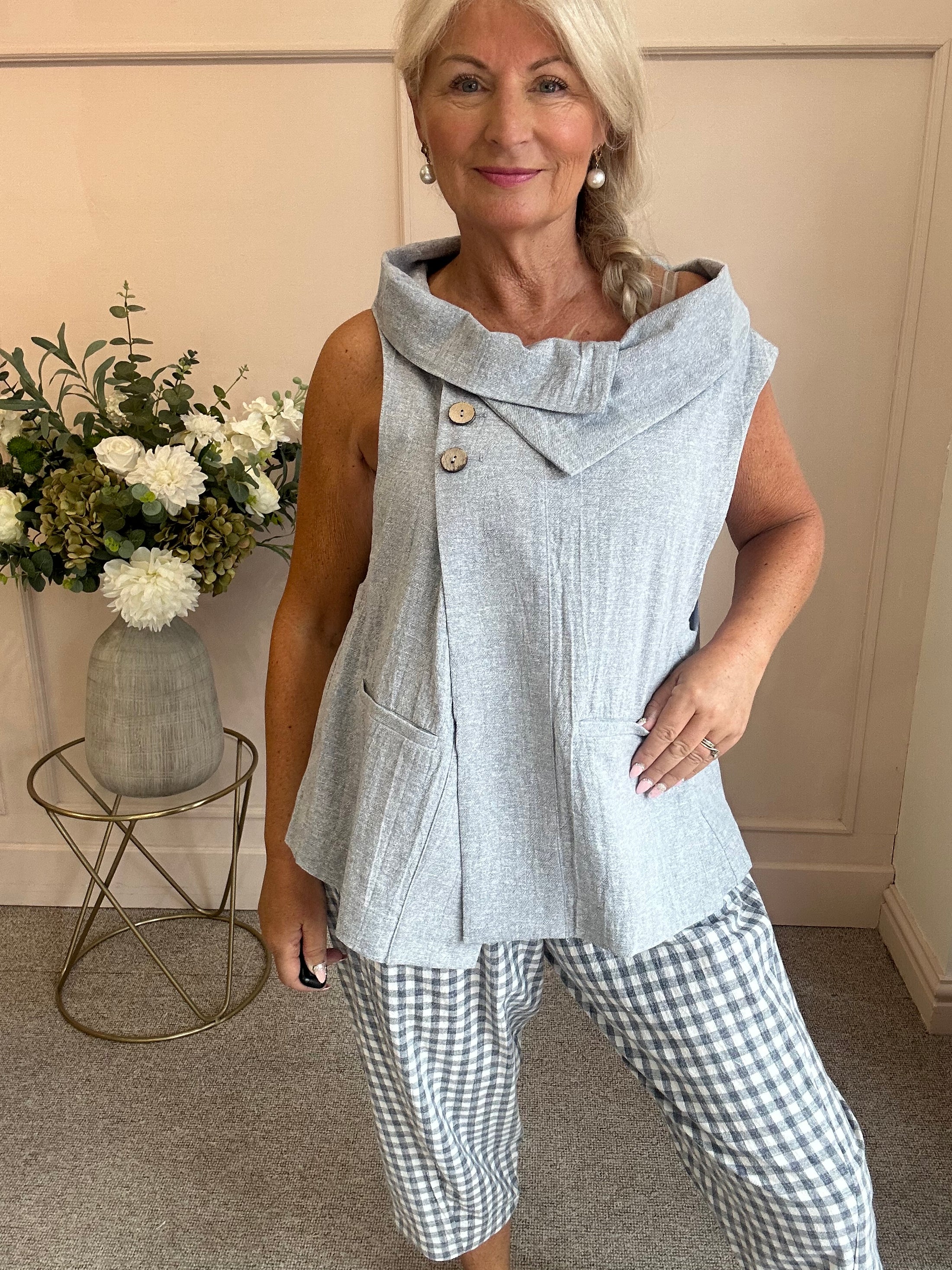Cowl Neck Waistcoat Style Top - Grey