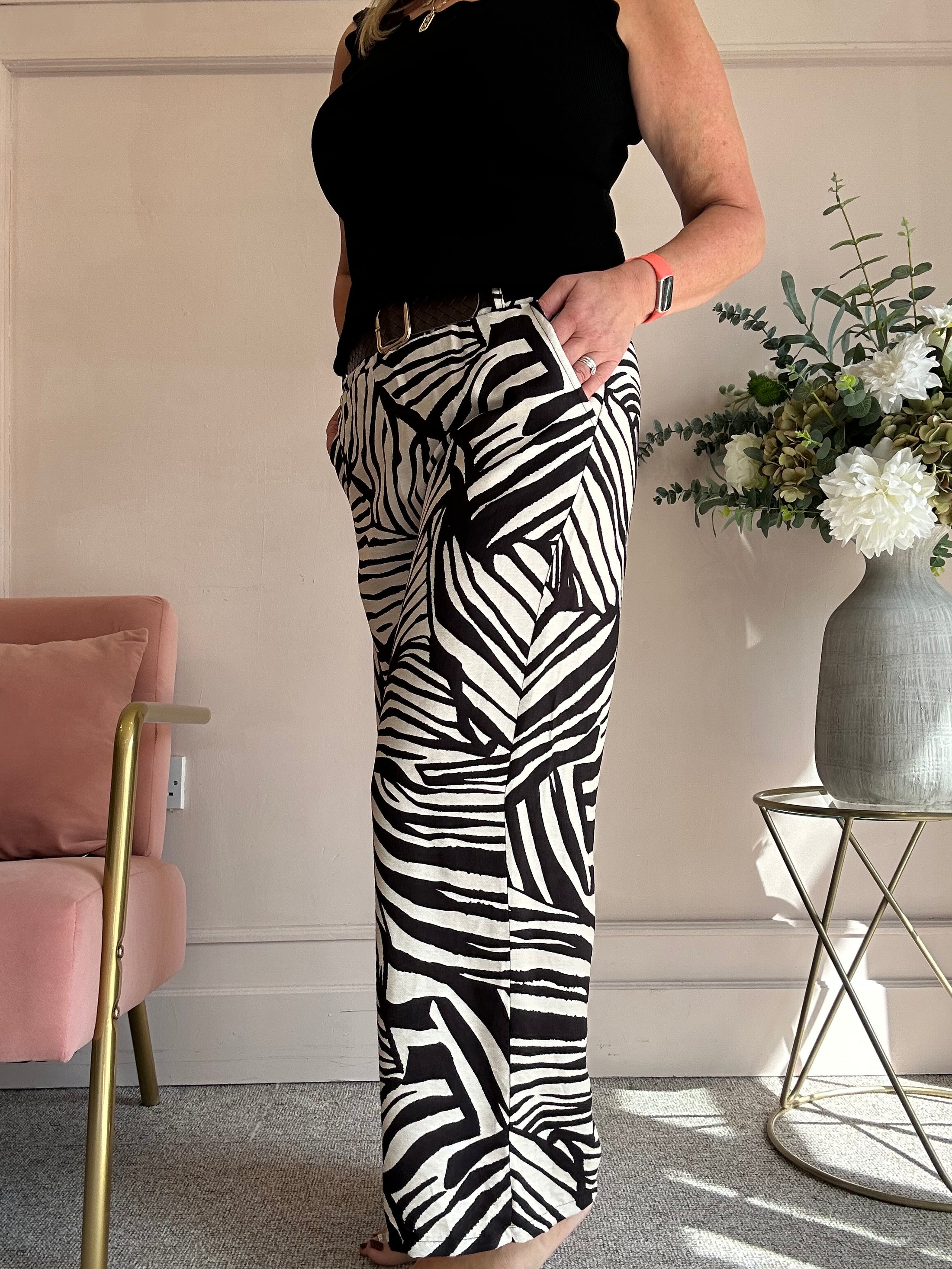 Belted Zebra Wide Pant - Black/Cream