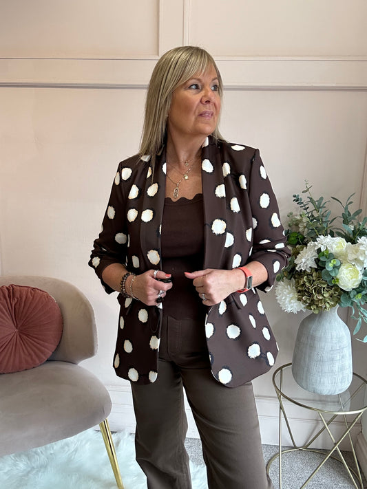 Spot & Ruched Sleeve Blazer - Brown/Cream